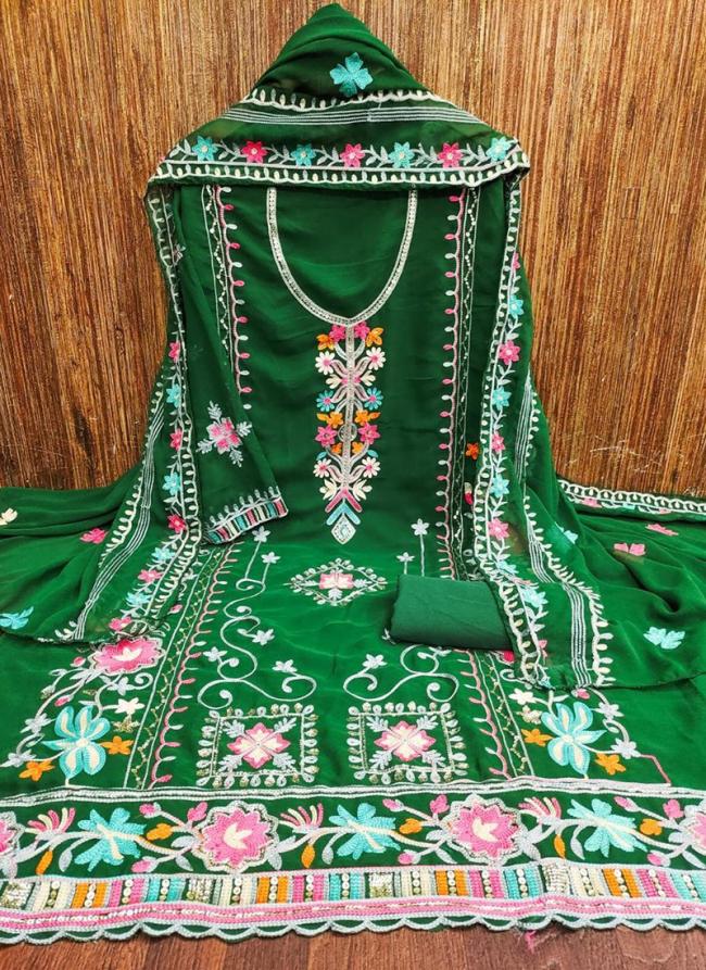 Georgette Green Casual Wear Embroidery Work Dress Material